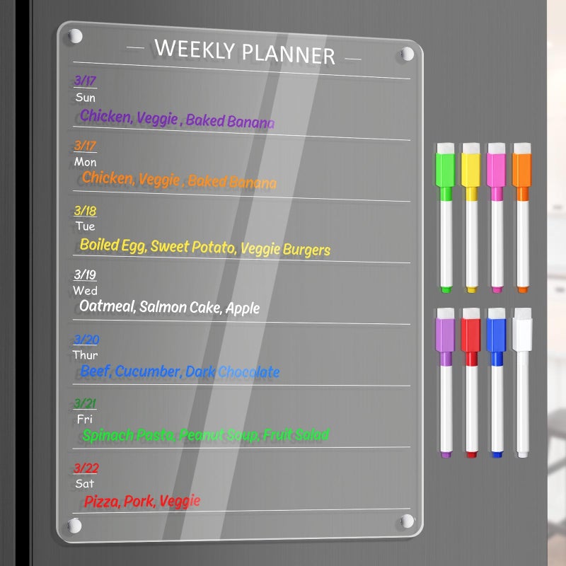 OORAII Acrylic Weekly Planner Board Meal Planner Magnetic Menu Board for Kitchen Fridge w/ 8 Markers  Clear Weekly Calendar Planning Dry Erase Board Noteboard to Do Grocery Shopping List  12x9 - Image 2